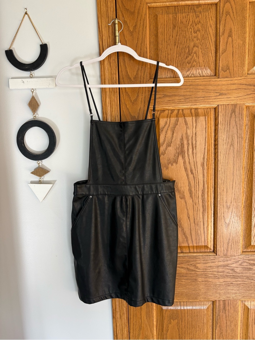 H&M Black Faux Leather Mini Pinafore Dress